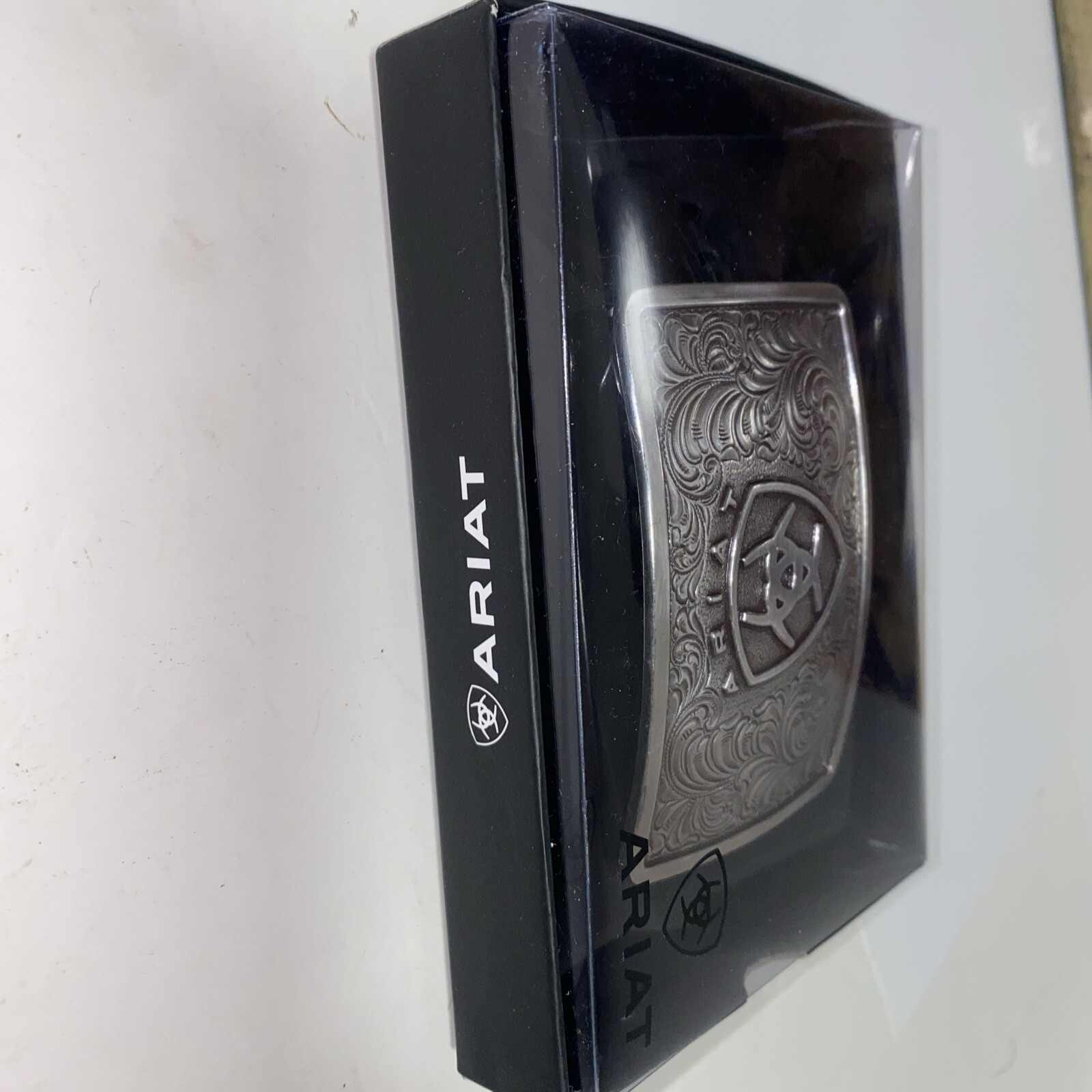 Ariat Western Mens Belt Buckle Rectangular Logo Silver Filigree