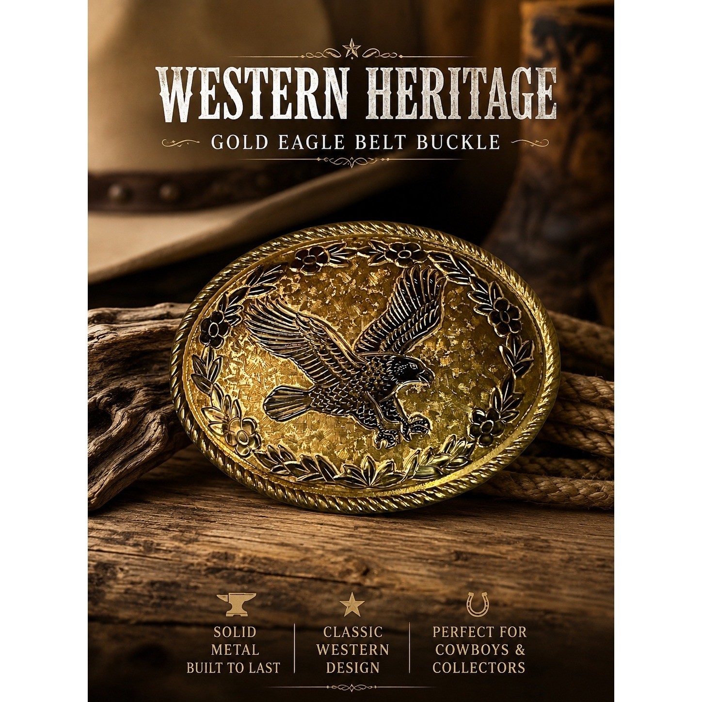 Western Heritage Gold Eagle Belt Buckle Made in USA Floral Rope Edge Solid Metal
