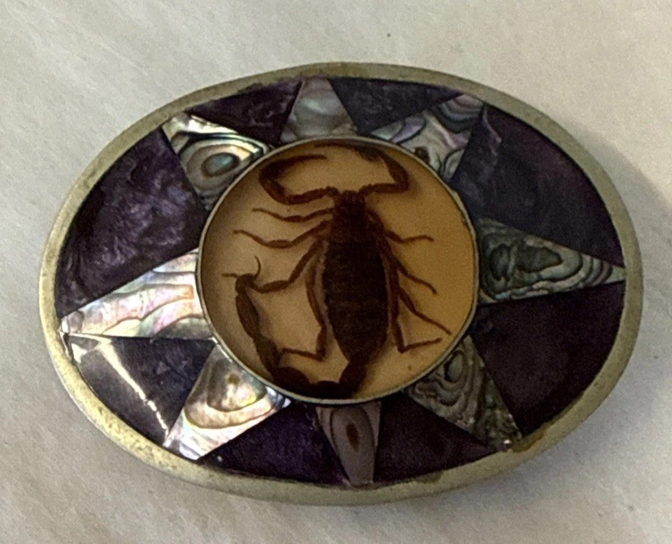 Vintage Alpaca Mexico Abalone Belt Buckle Resin Scorpion Southwest Native