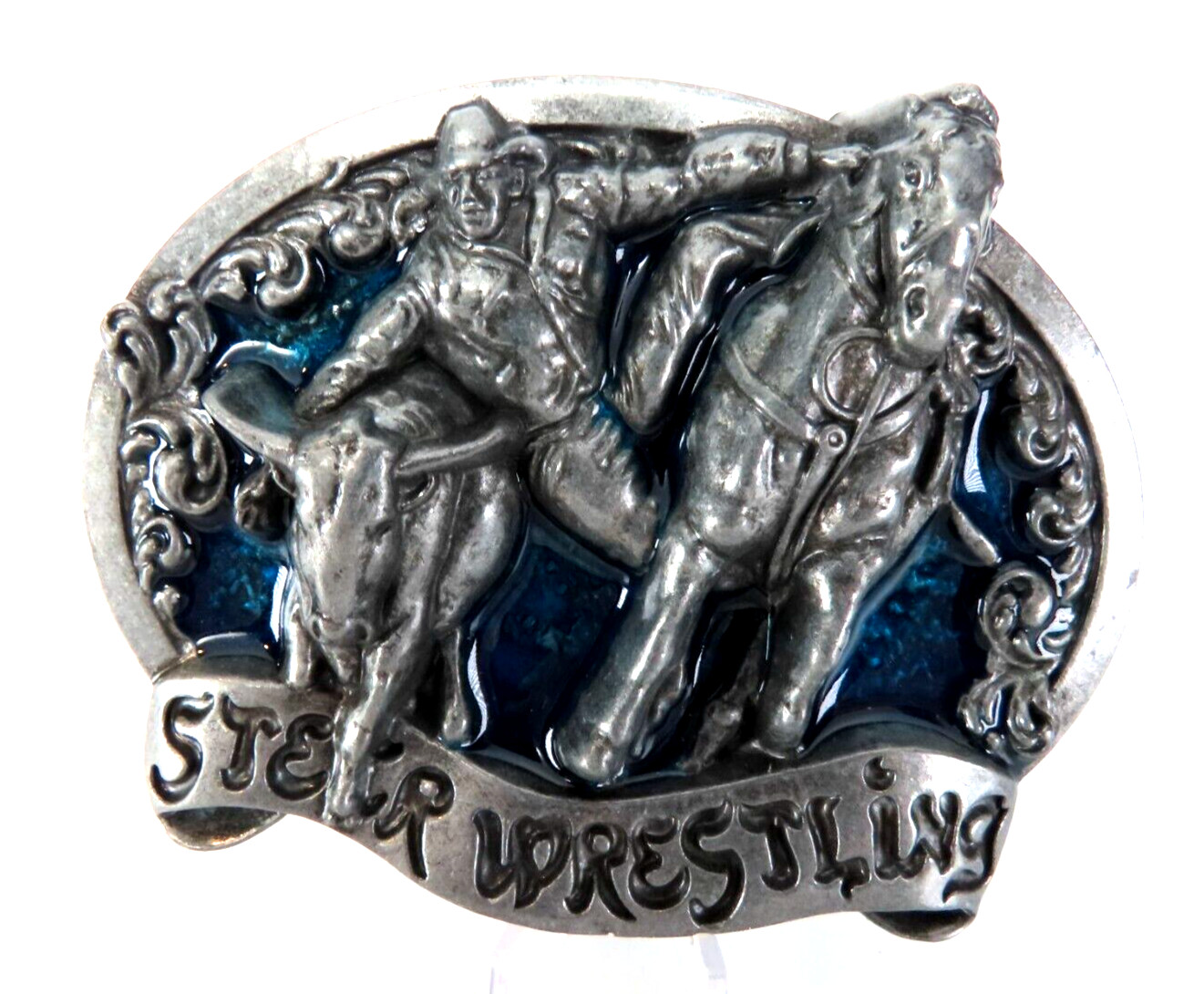 New Steer Wrestling Cowboy Rodeo Enamel Metal Belt Buckle in Package