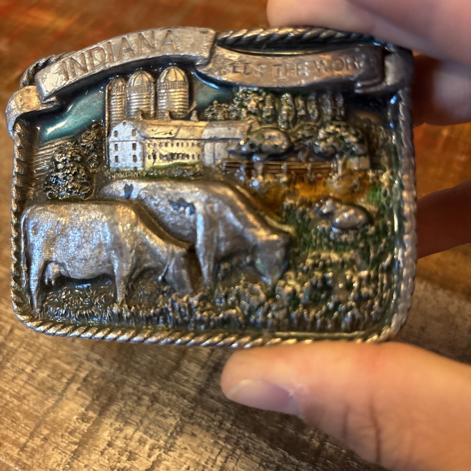 Vtg Bergamont Brass Belt Buckle 1984 Indiana Feeds the World E-26 USA READ