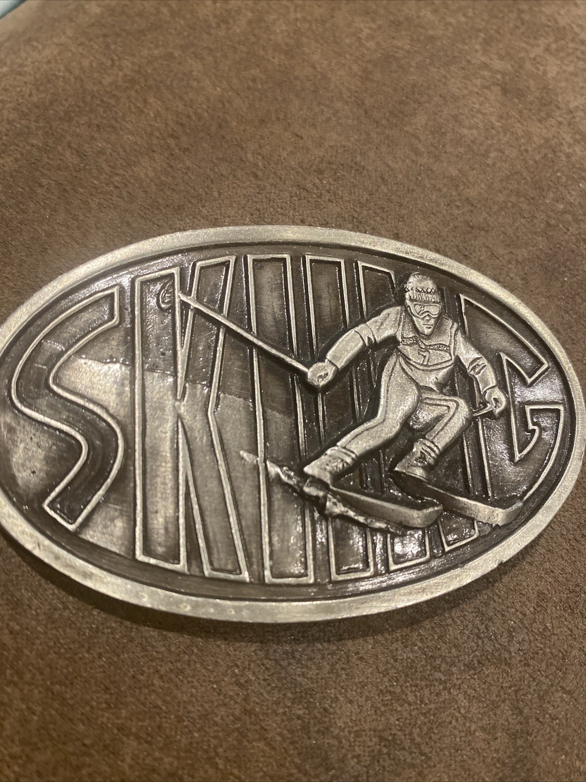 Vintage 1976 Metal Belt Buckle, Skiing, Snow, Cross Country, Sports, Nice Wester
