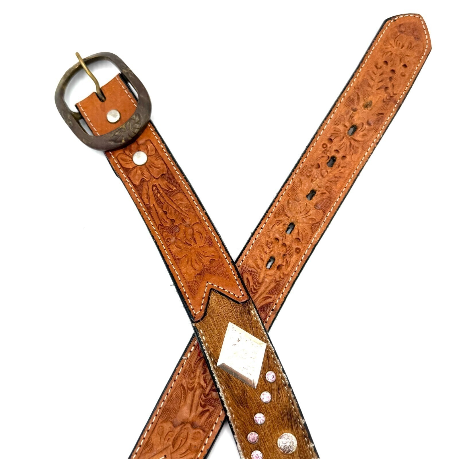 Montana Silversmiths Western Belt 32&Prime; Tooled Leather Cowhide Studs Statement