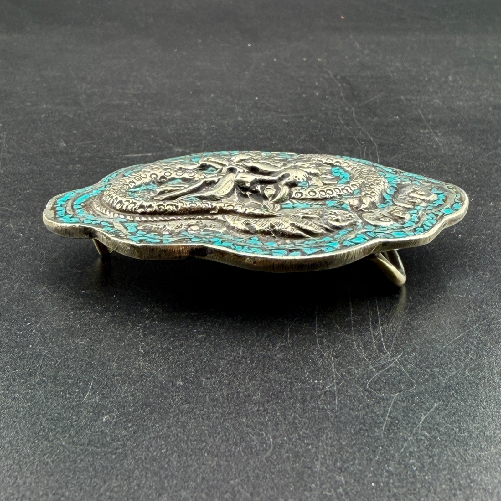 Chinese dragon shape amazing vintage silver plated brass belt buckle