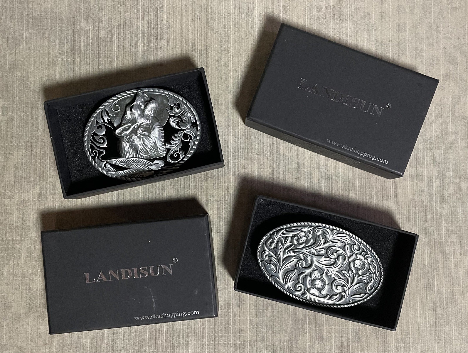 Set of 2 Landsun Western Belt Buckles, Howling Wolf And Floral Design NWB