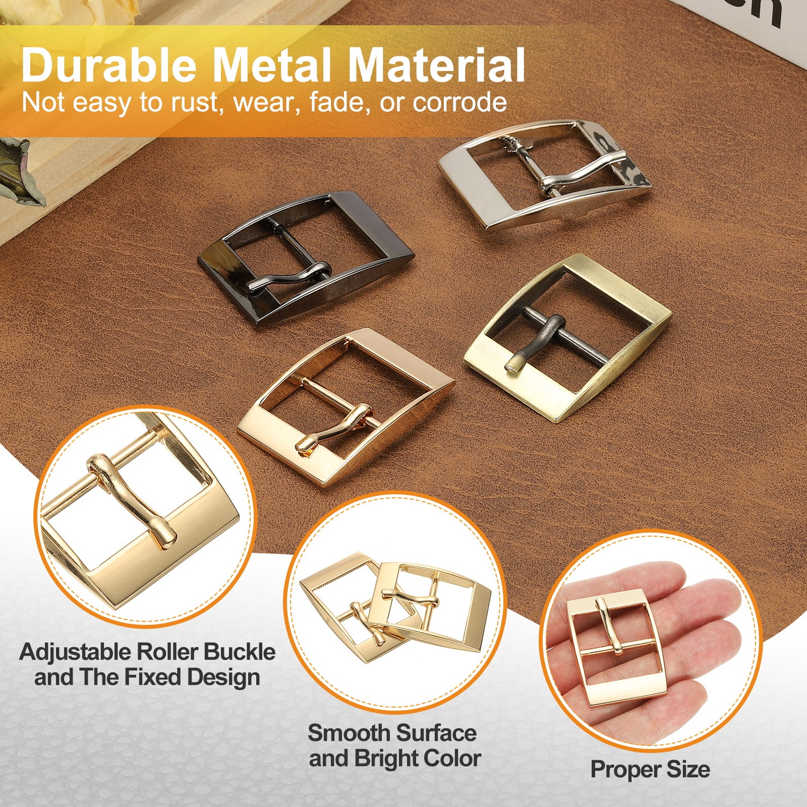 6 Pcs 1 Inch Single Prong Buckles Square Center Bar Buckles, Gold Tone