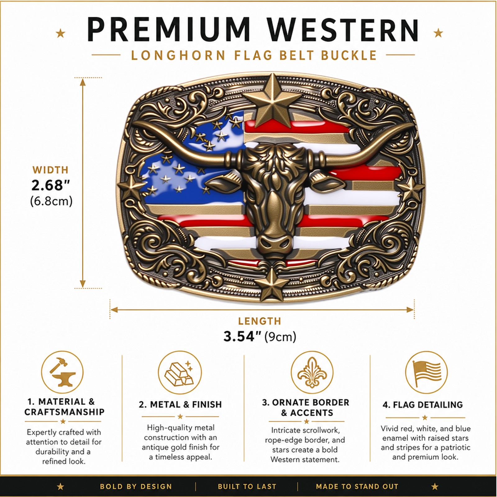 Cow Head Star USA Flag Western Belt Buckle for Men Women Vintage Cowboy Cowgirl