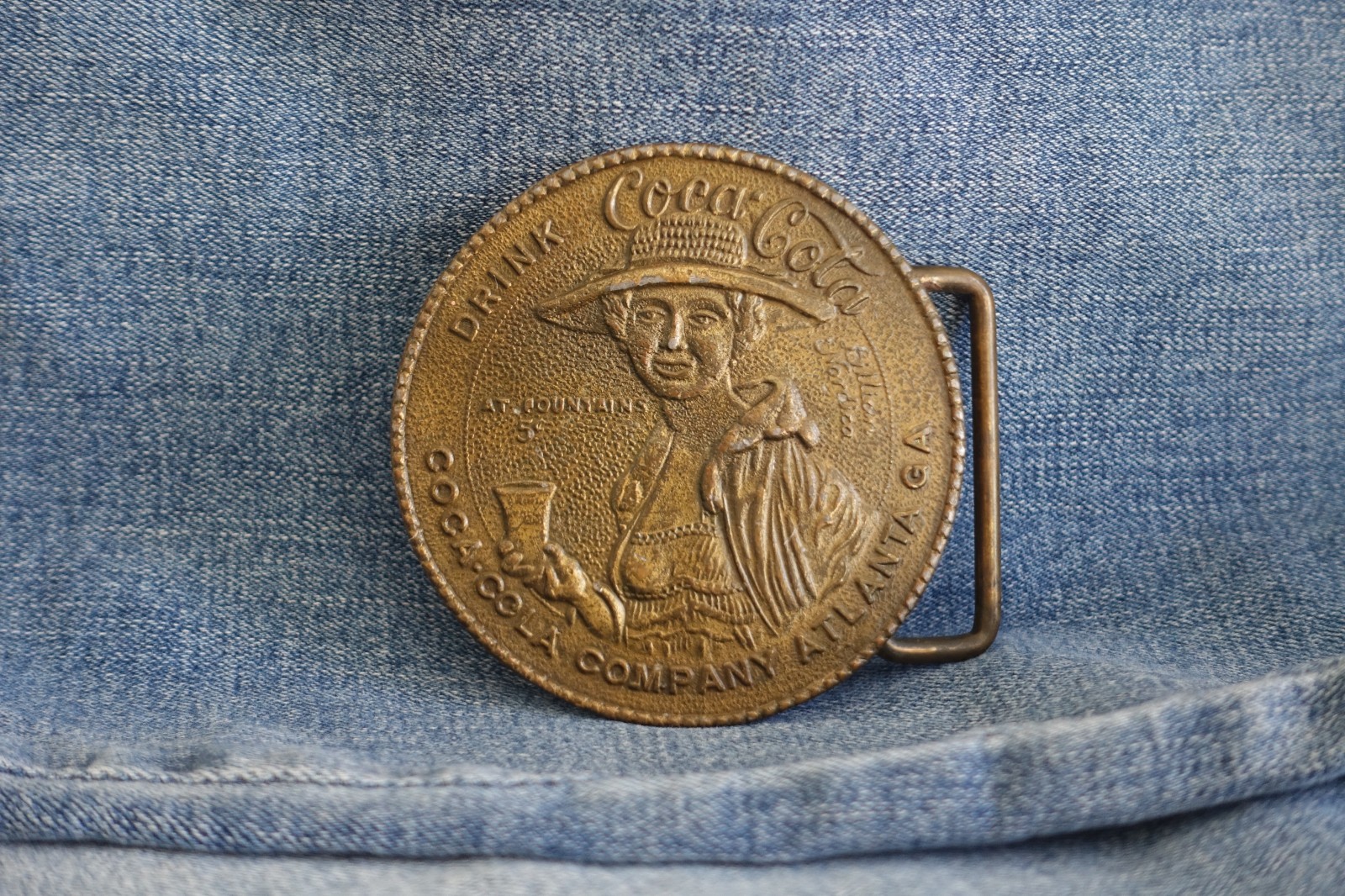 Coca Cola Belt Buckle vtg brass woman soda fountain Atlanta Ga 70&rsquo;s round soda