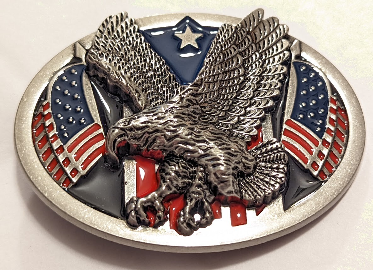 ♈ Eagle Belt Buckle Antique Silver red blue flags color Hunting Fishing 3.5×2.6