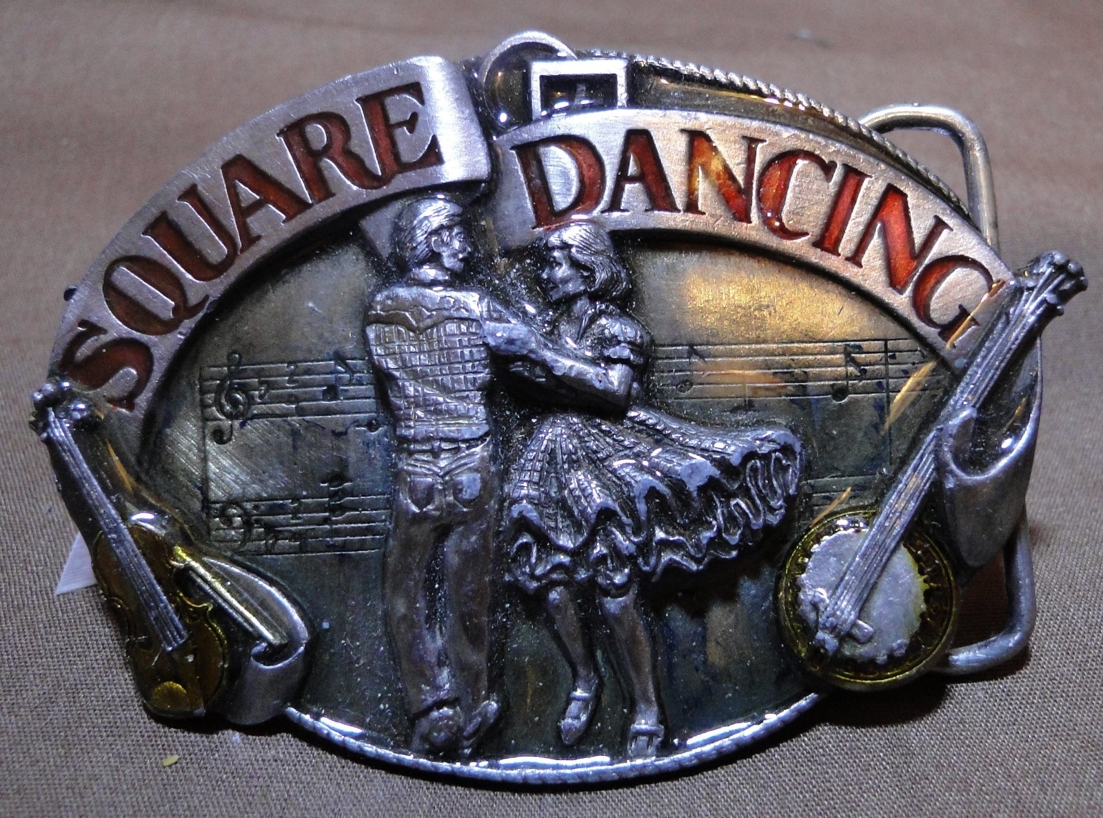 Belt Buckle – Square Dancing Couple Flanked by Musical Instruments – Siskiyou Bu