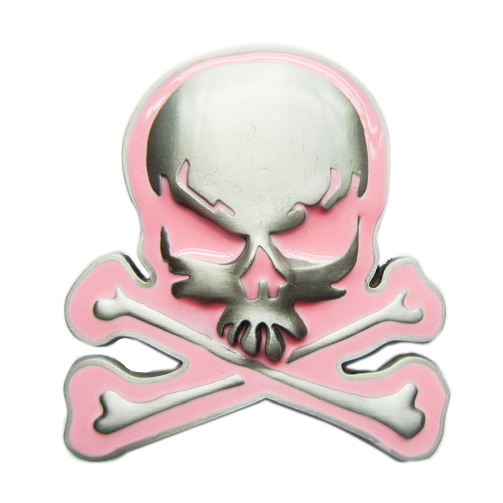 Skull w/ Bones Pink Enamel Metal Belt Buckle