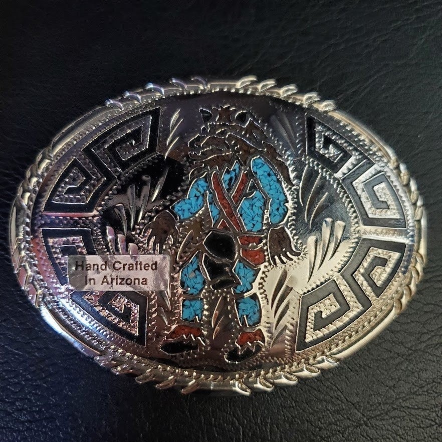 Handcrafted Arizona Faux Turquoise Chip Inlay Wolf Belt Buckle Silver Tone