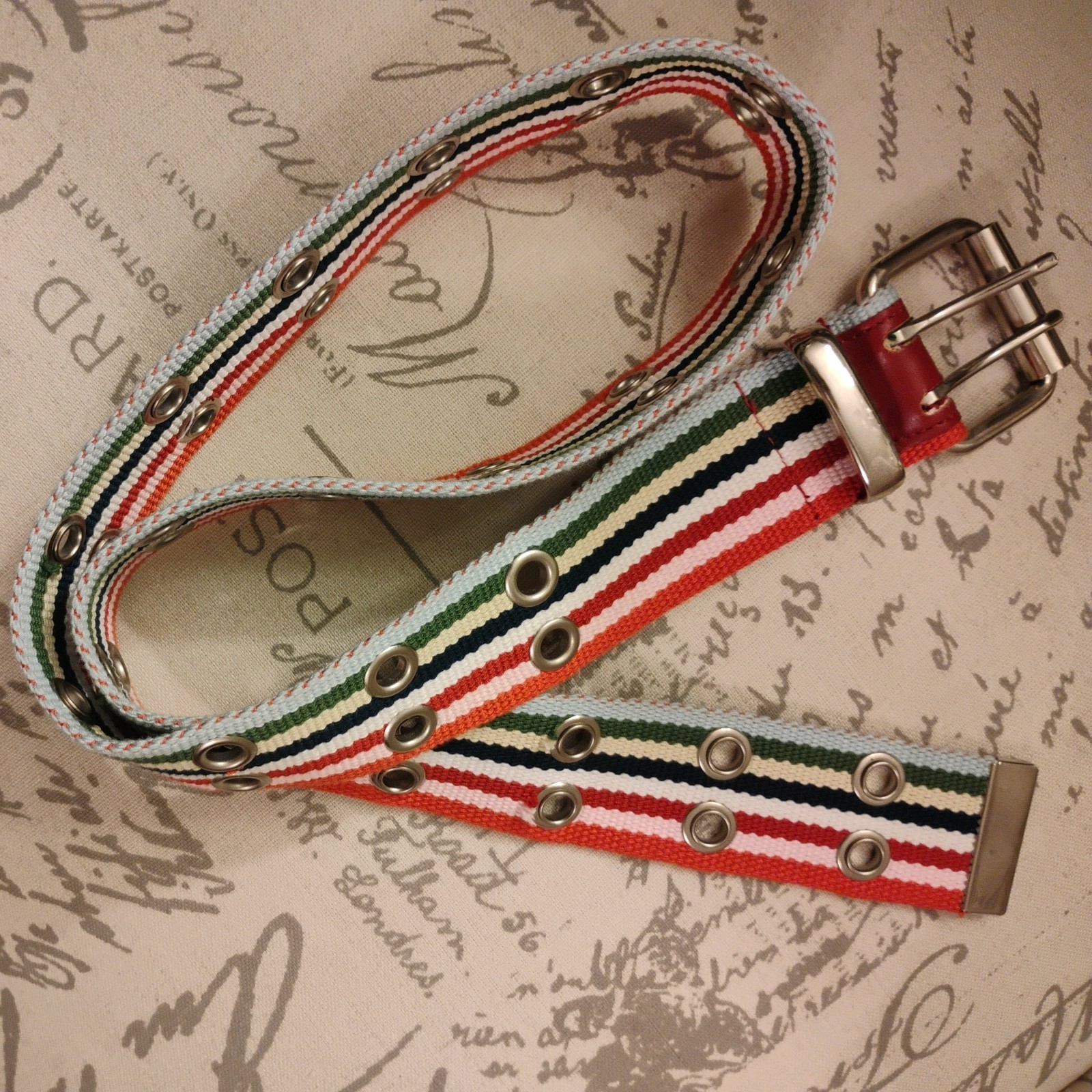 New-Colorful Striped Double Prong Buckle & Metal Grommets Belt 35 in long