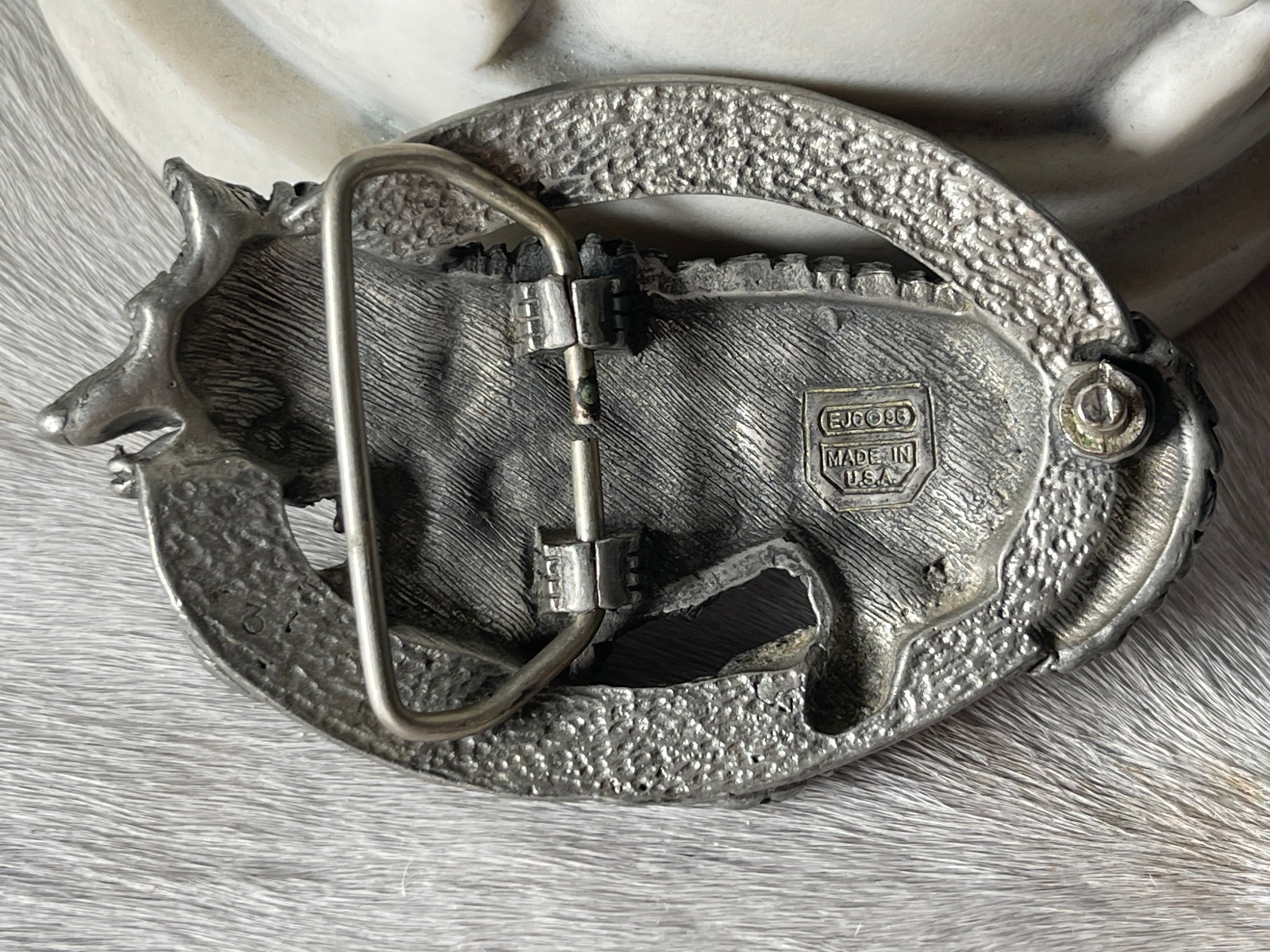 Vintage EJC Belt Buckle 4.25 x 2.75 in Wolf Southwestern Turq 1996 Oval 1.75