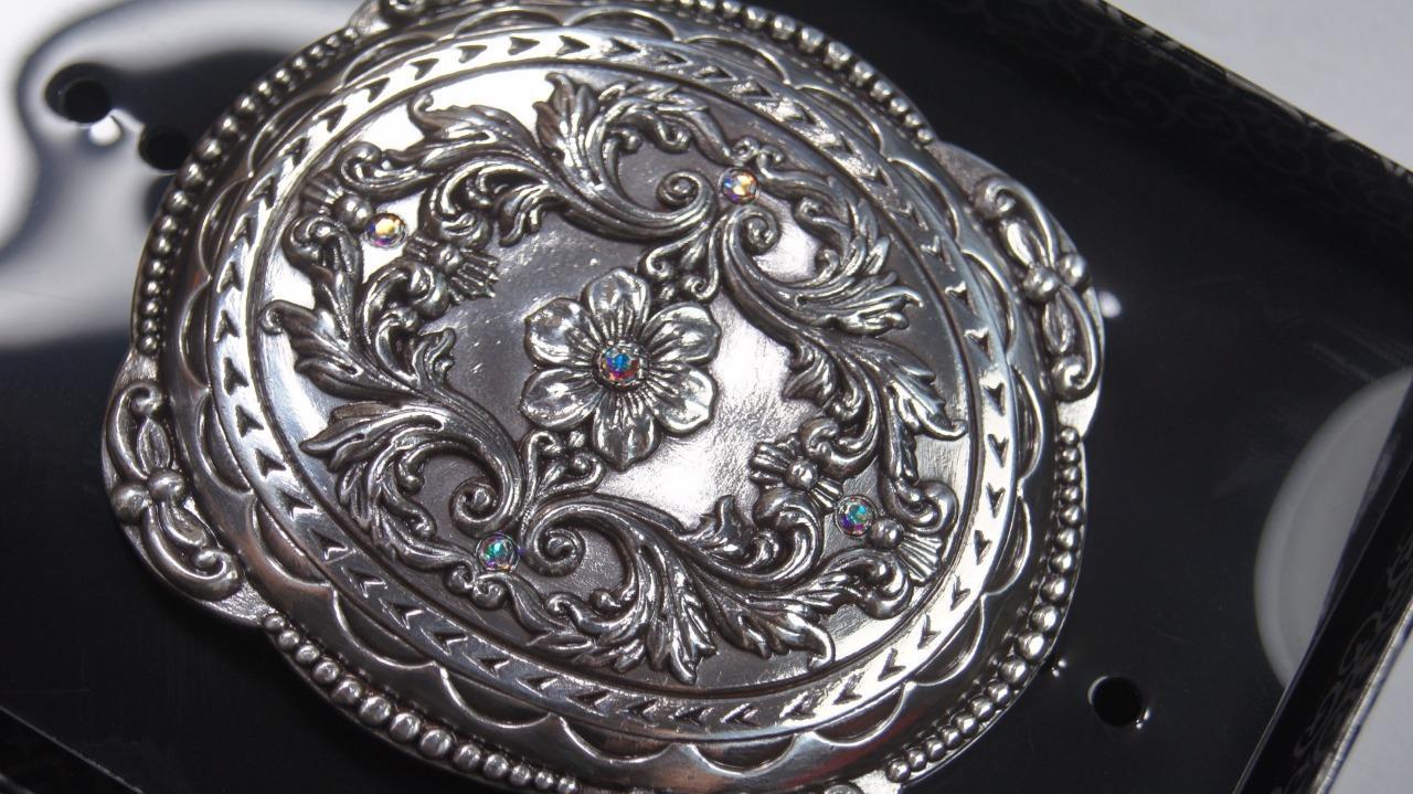 Nocona Western BLAZIN ROXX Belt Buckle Oval Floral Rhinestones Silver 37538