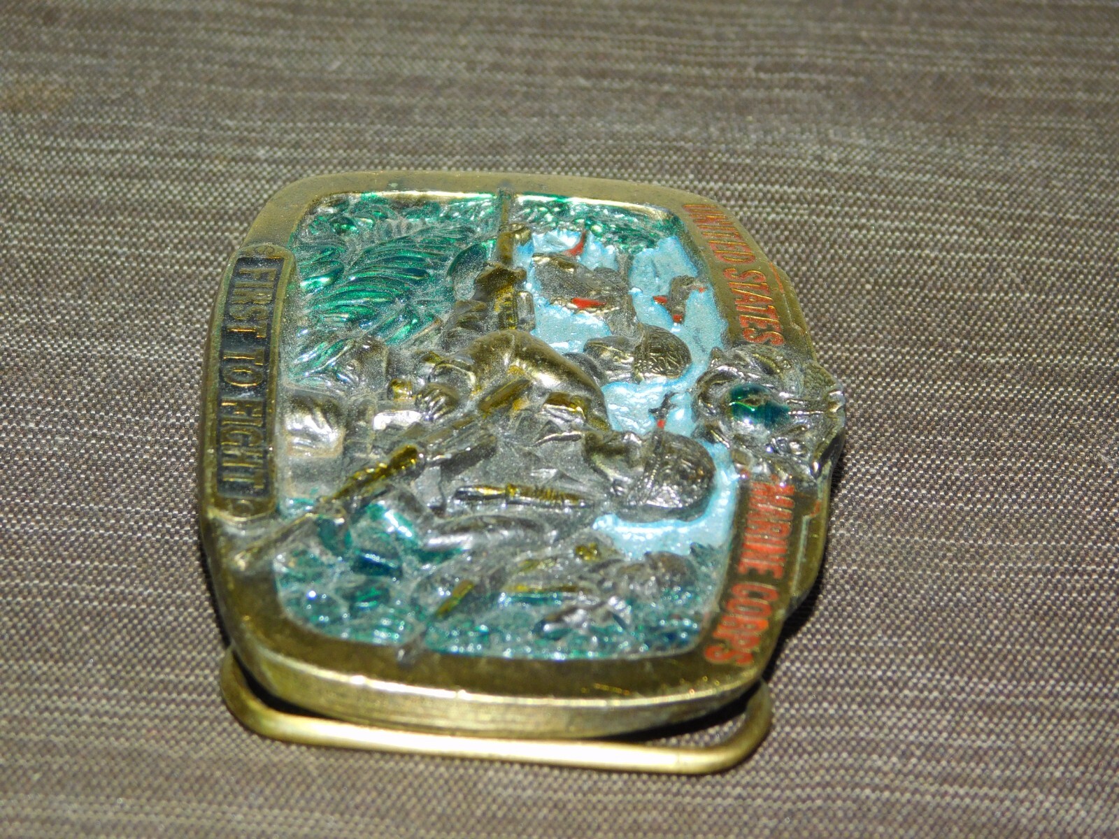 VINTAGE 3 1/4&Prime; ACROSS 1982 UNITED STATES MARINE CORPS FIRST TO FIGHT BELT BUCKLE