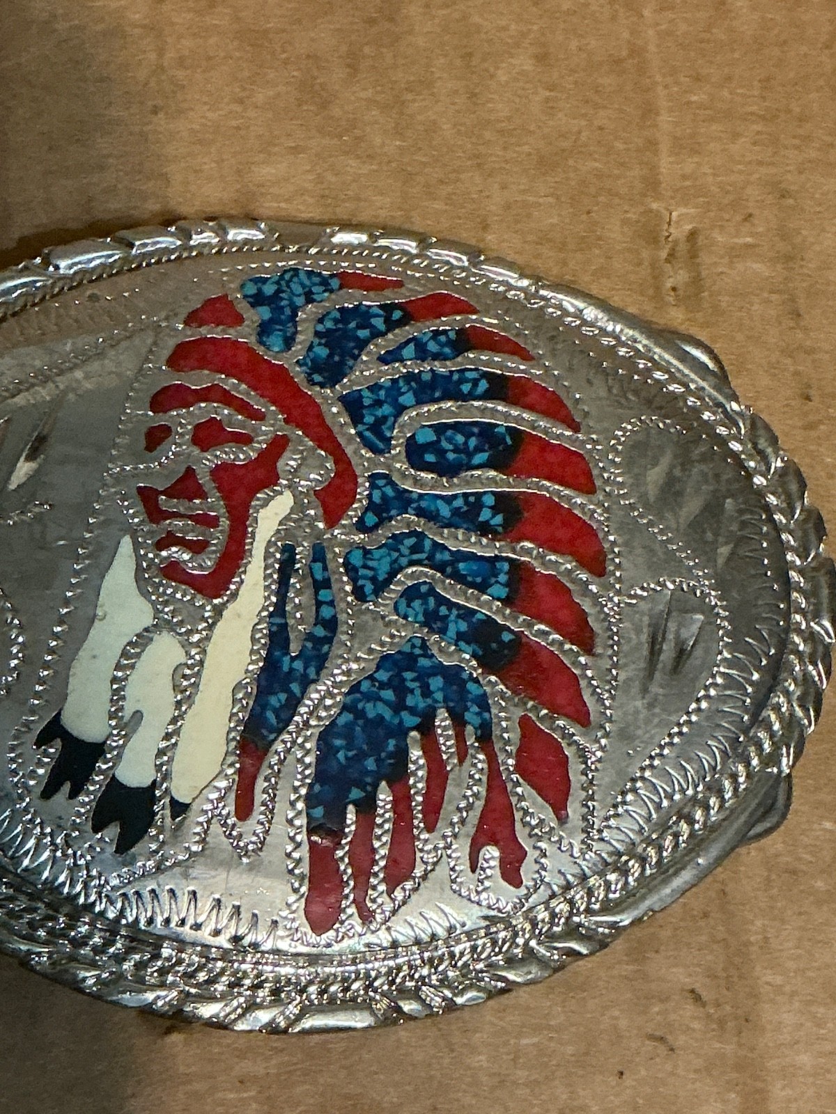 Used Colorful Metal Alloy Indian Chief Multi color inlay Belt Buckle