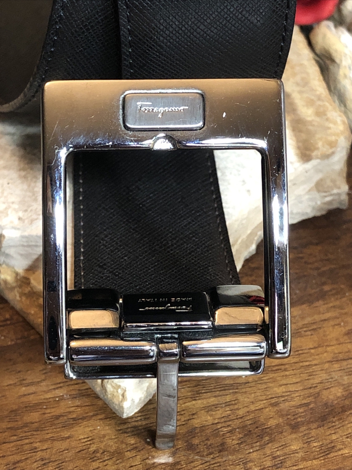 Salvatore Ferragamo Gun Metal tone Rectangle Buckle black leather belt