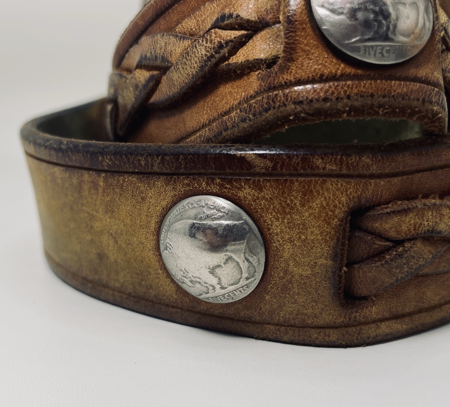 Pewter Belt Buckle 1880 Morgan Silver Dollar New Mexico Buffalo Nickel Leather