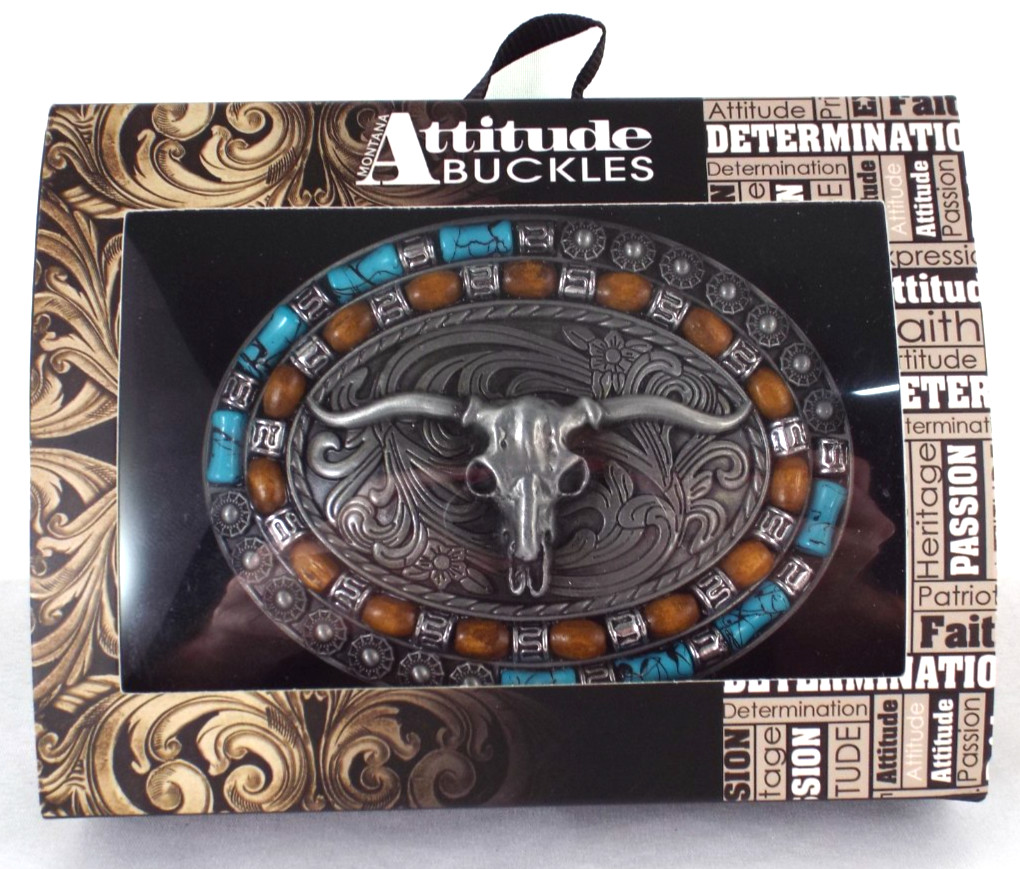 NIB Montana Silversmiths Attitude Steer Skull w/Faux Turquoise/Gemstone Buckle