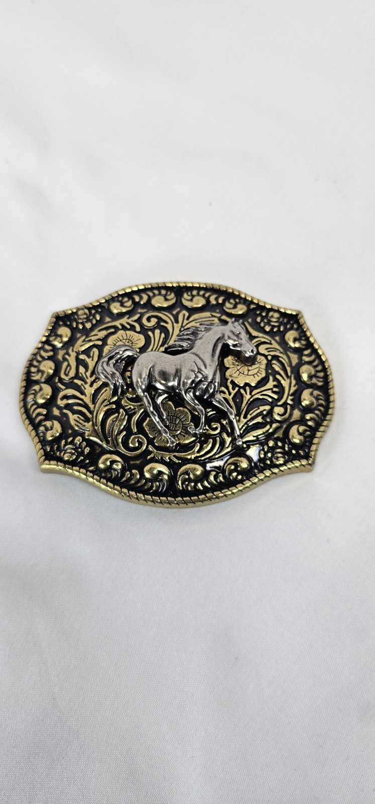 Western Silver Horse Belt Buckle Gold Tone Black Enamel Cowboy Rodeo 3in