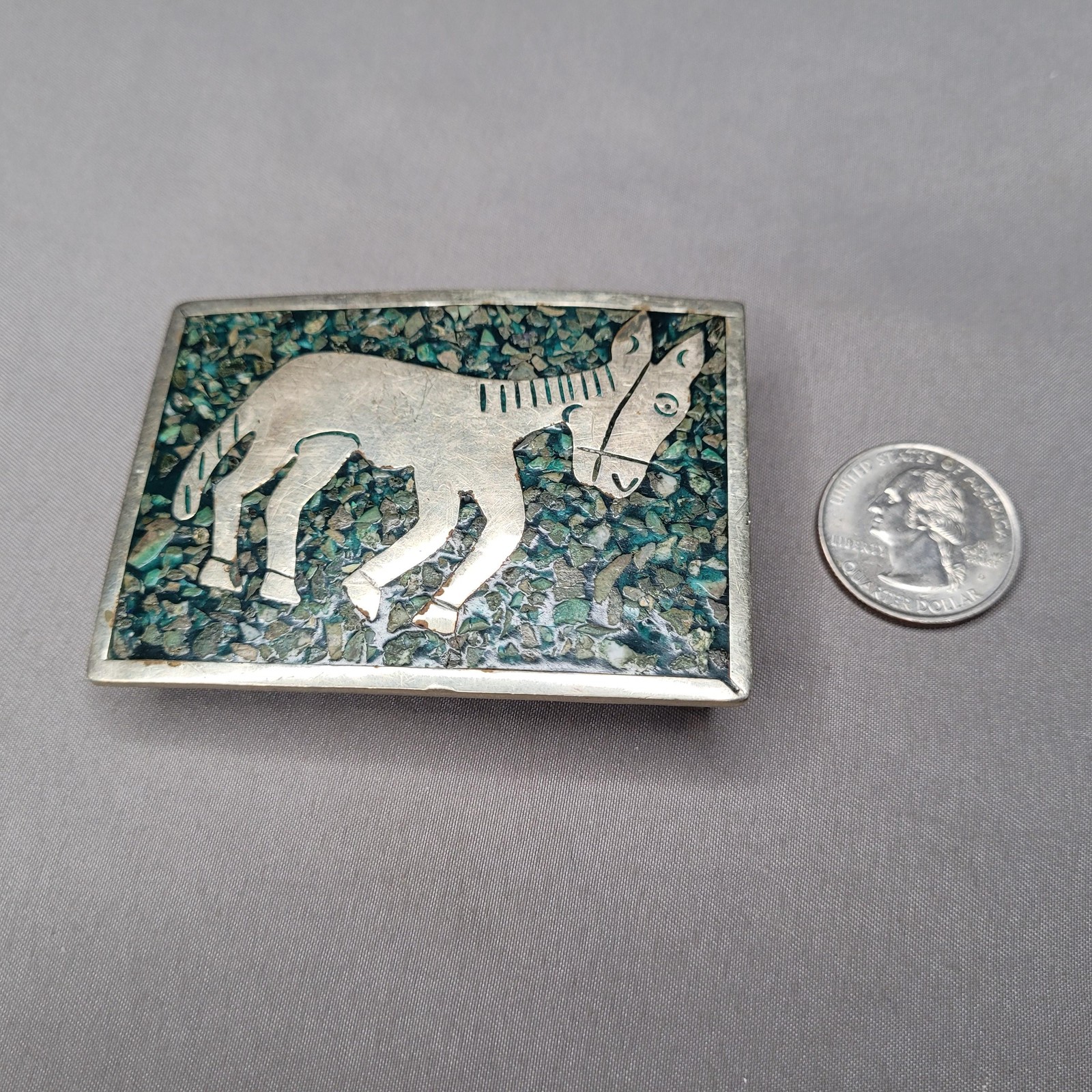 Vintage Donkey Burro Stone Inlay Belt Buckle Mens One Size Green Western Mexico
