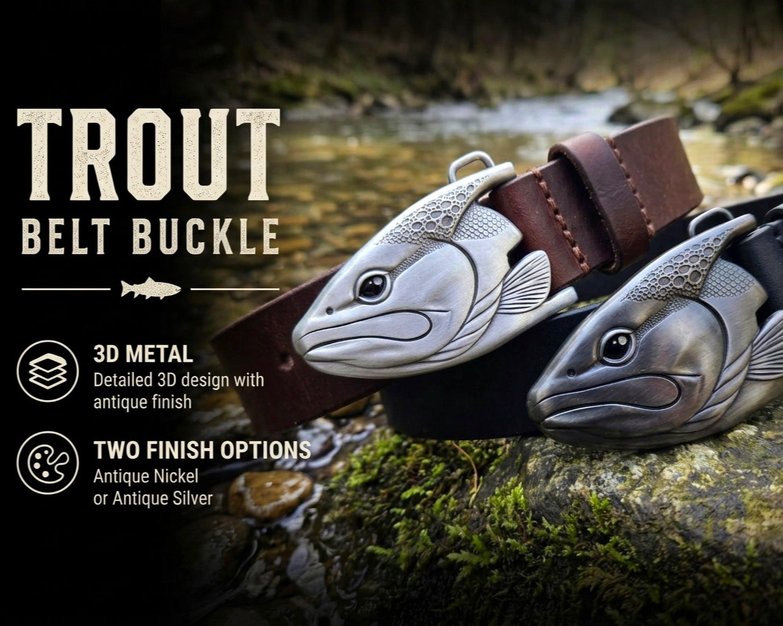 Graywolf Trout‑Head Belt Buckle • Antique Nickel / Silver • 3D Metal Fish Buckle
