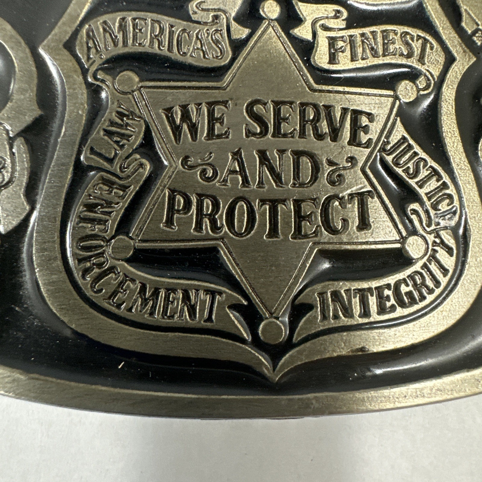 Metal Police Belt Buckle by Buckle Bakery 1988 #1654 Made in USA Serve & Protect