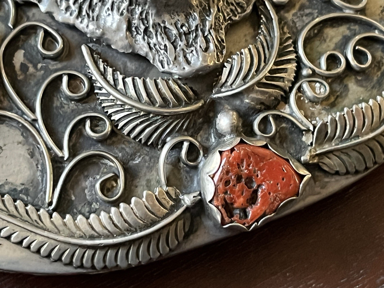 Vintage Sterling Signed Gomez Belt Buckle – Buffalo Turquoise/Coral