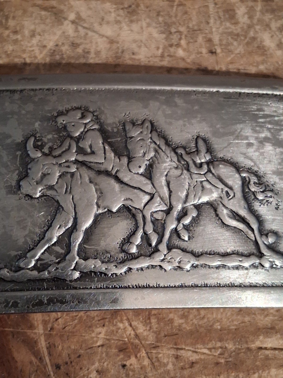 Vintage Belt Buckle Western Steer Wrestling Cowboy Rodeo Pressed 70s