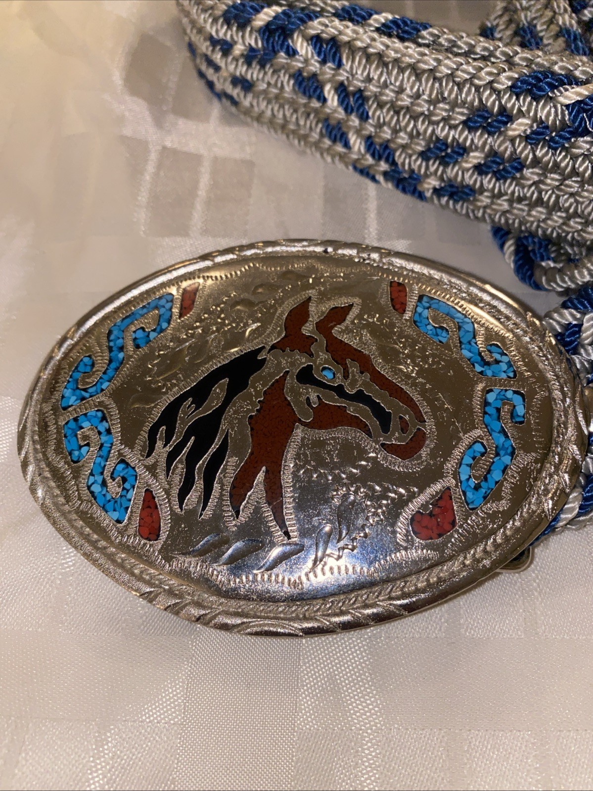 Native American Western Silver Belt Buckle Turquoise Inlay/woven Belt Waist 44”