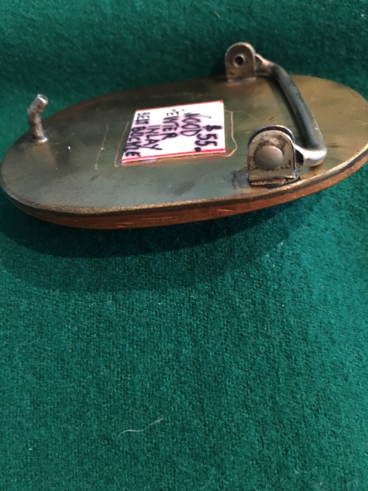 Belt buckle Hand carved wood and pewter inlay of a sailboat