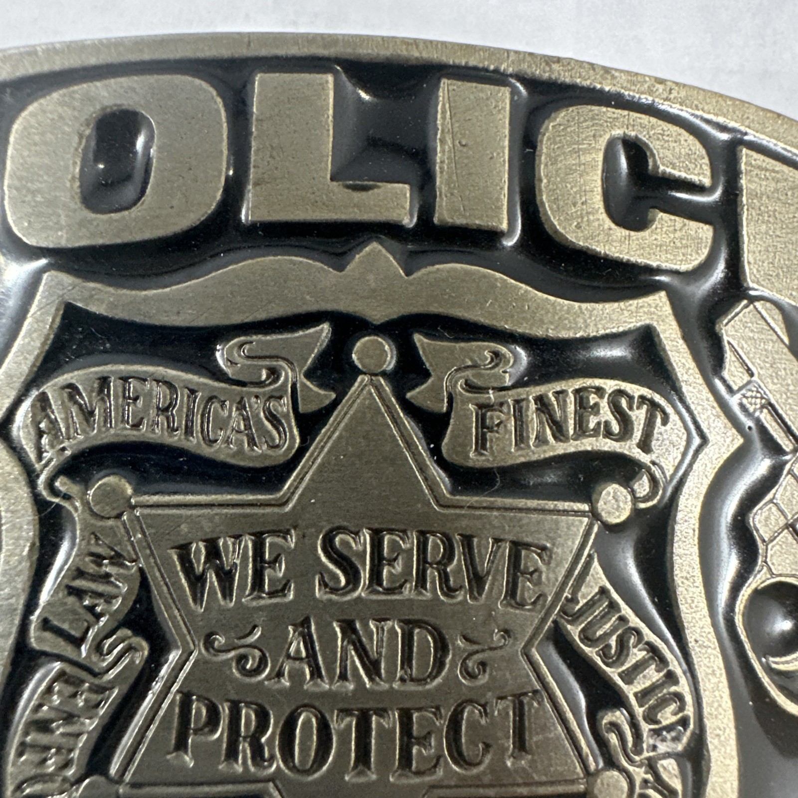 Metal Police Belt Buckle by Buckle Bakery 1988 #1654 Made in USA Serve & Protect