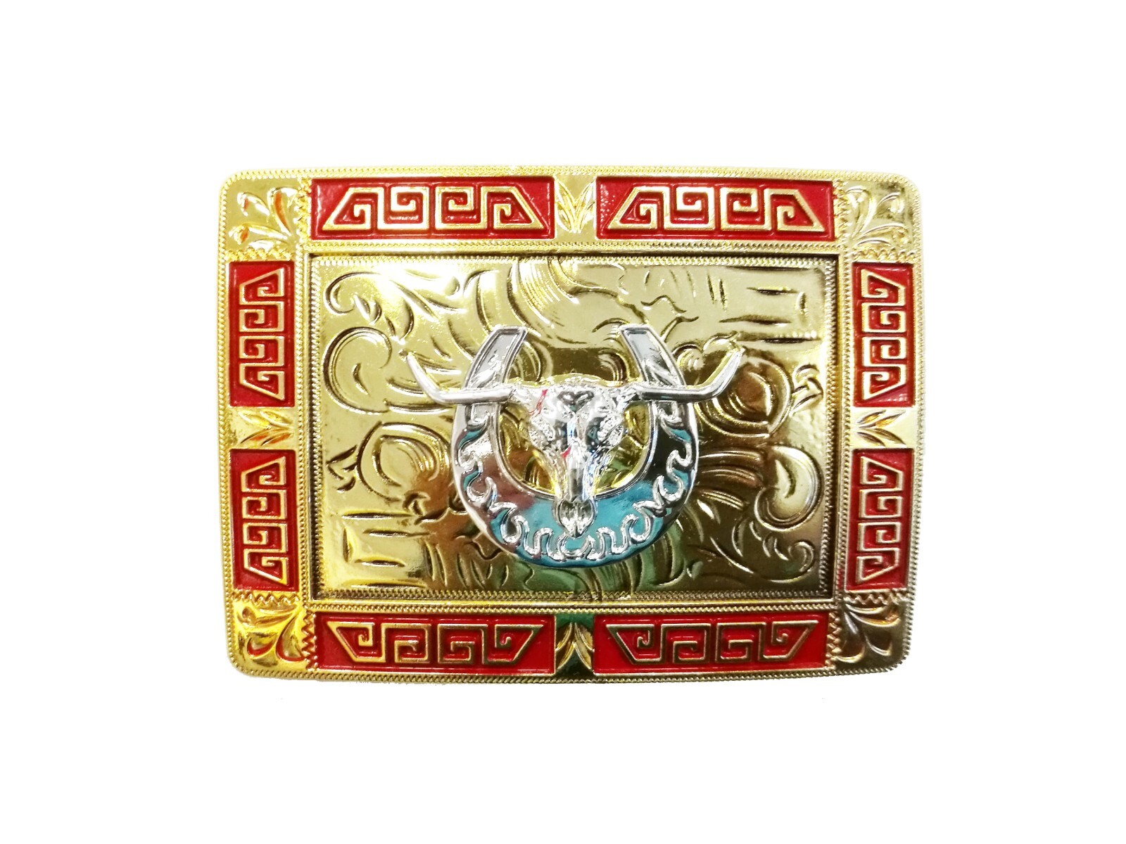 Western Buckle Red Gold Silver Longhorn Horse Shoe Cowboy 2 » Hebilla Vaquero