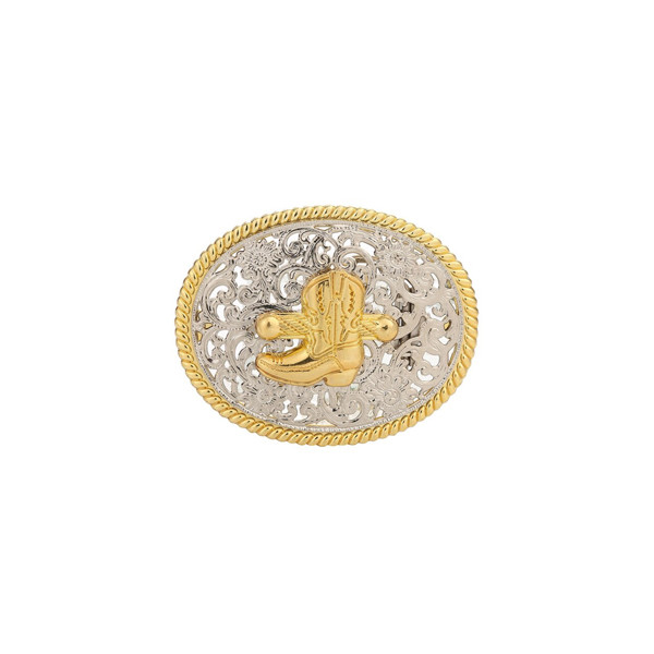 1-1/2&Prime; Oval Two-Tone Filigree Western Buckle with Boot. 3-5/8&Prime; x 2-15/16&Prime;.