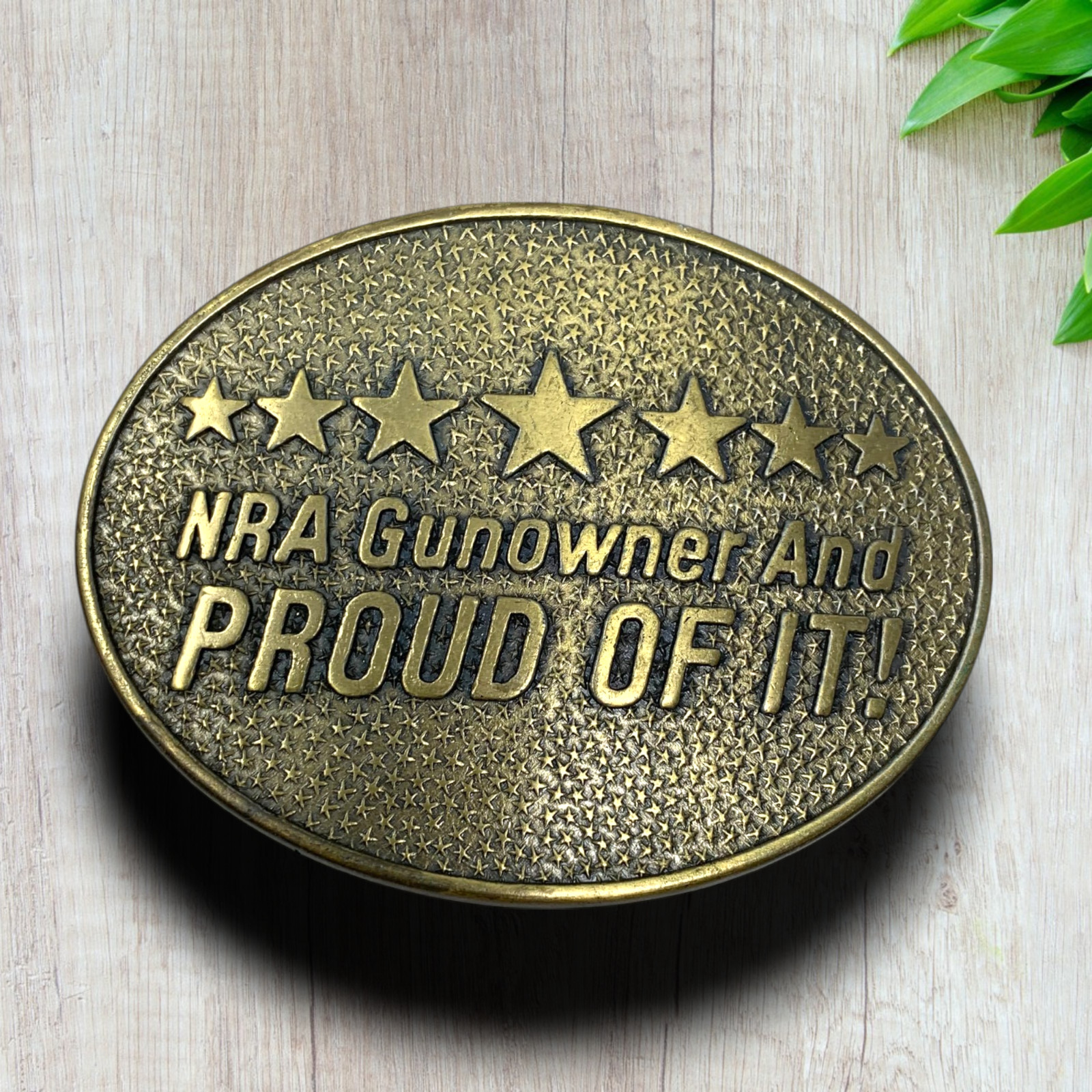 Vtg Norman Foundry « NRA Gunowner & Proud Of It » Belt Buckle Solid Brass Dallas
