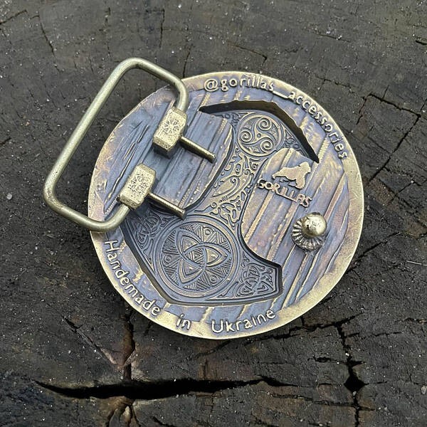 Mens Belt Buckle « Thor&rsquo;s Hammer » Solid Handmade Brass Buckle Vintage Viking