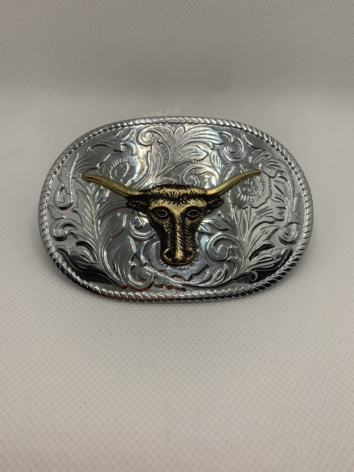 Silver And Gold Toned Longhorn Steer Cattle Belt Buckle Cowboy Cowgirl