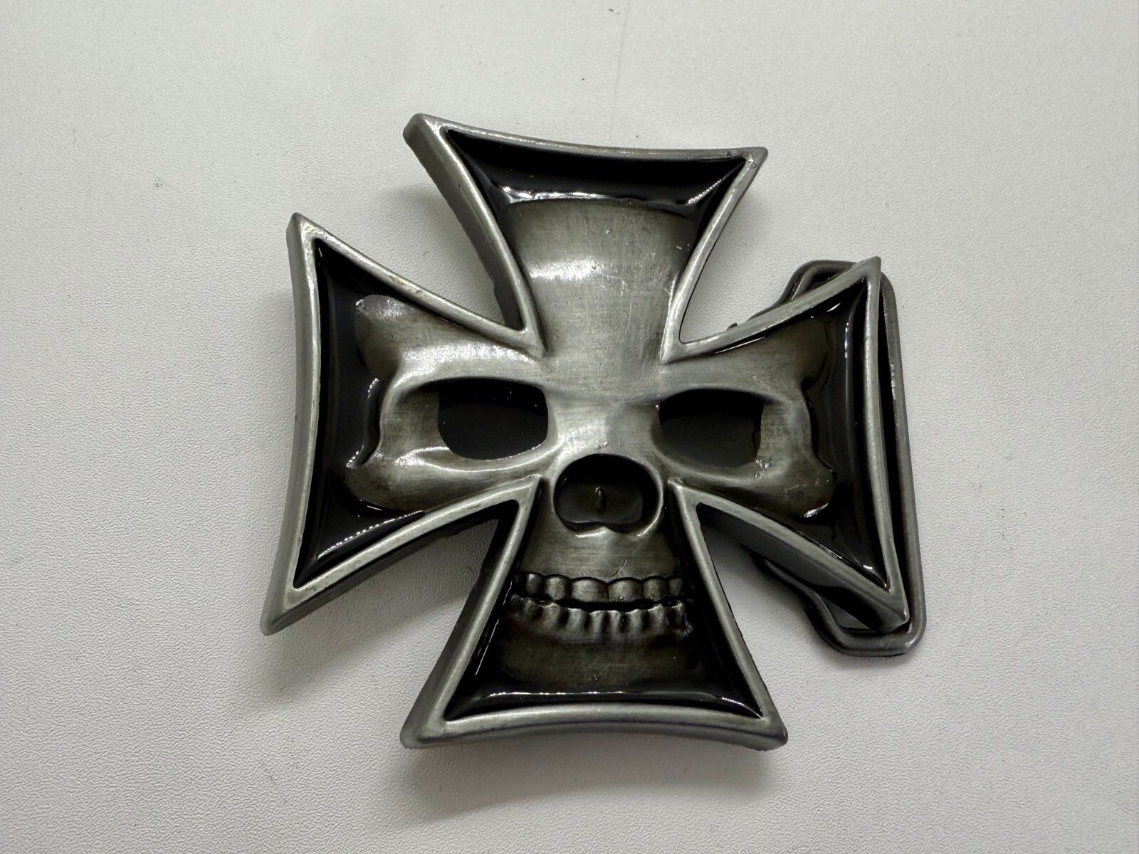 Maltese Iron Cross with Skull Reflective Cutout Gothic Punk Vibe Belt Buckle