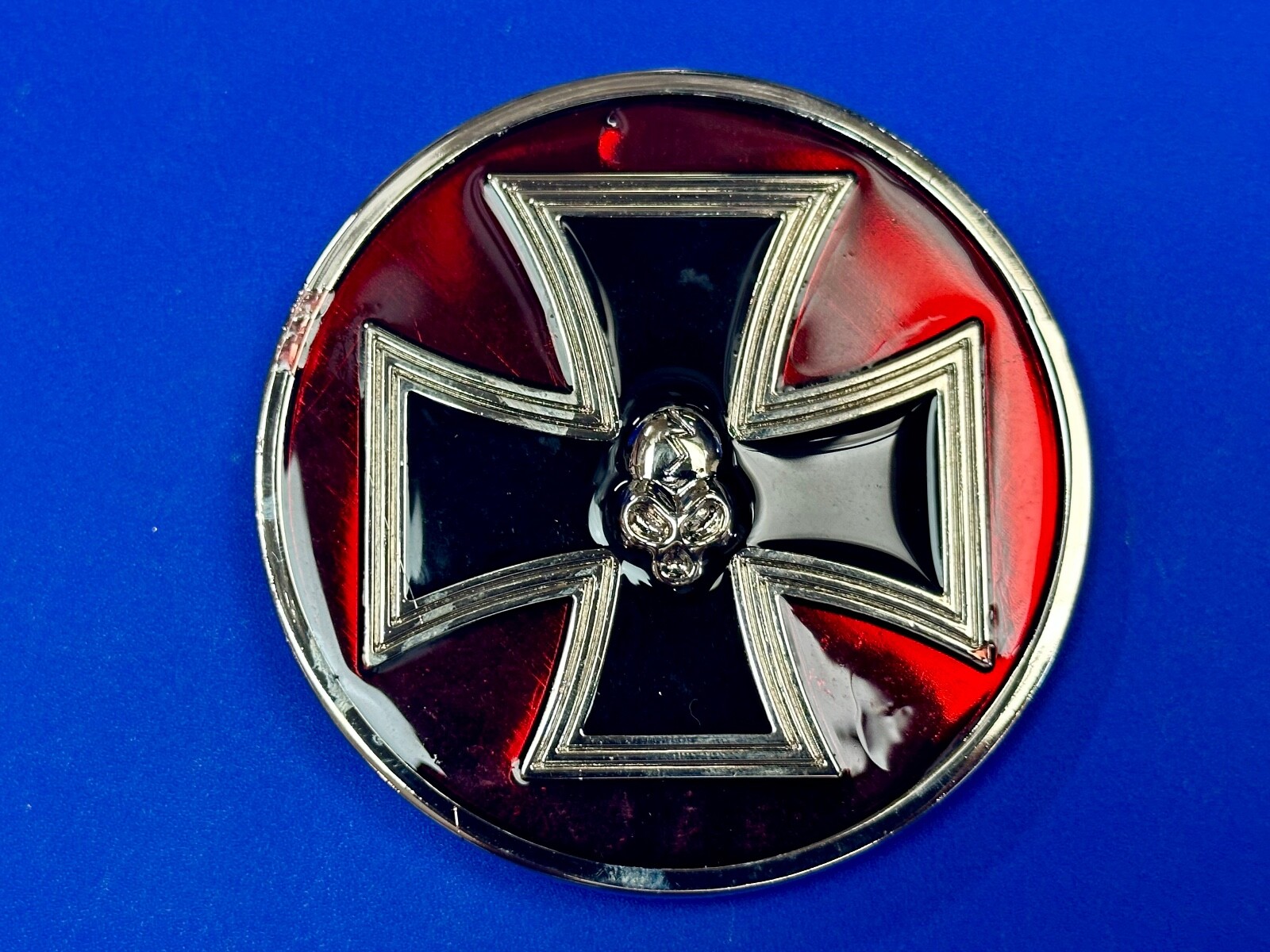 Enamel Round Iron Maltese Cross With Centered Silver Color Skull Belt Buckle