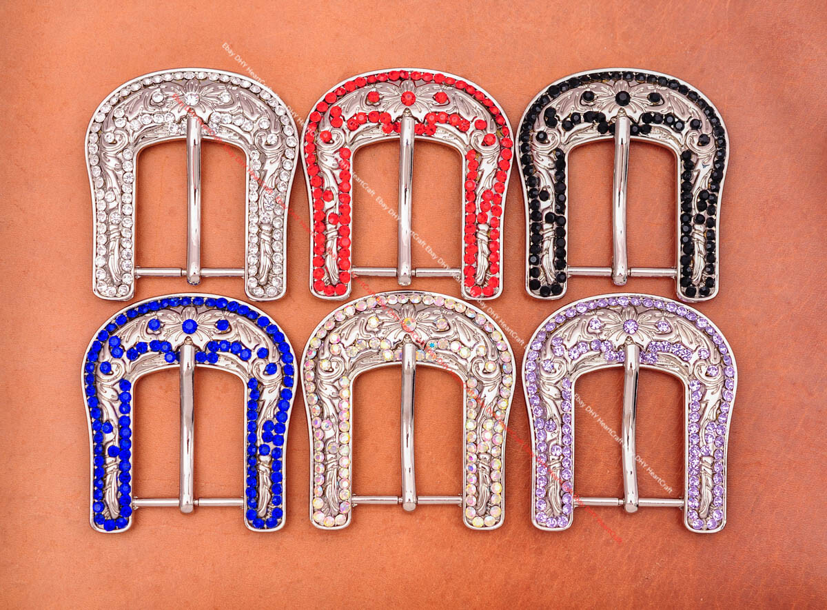30mm Bling Silver Western Cowboy Black Rhinestone Crystal 3PCS Set Belt Buckle