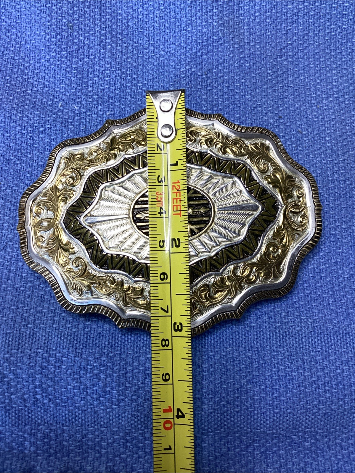 Vintage CRUMRINE Large Belt Buckle Heavy Silver Plate On Bronze Made in USA