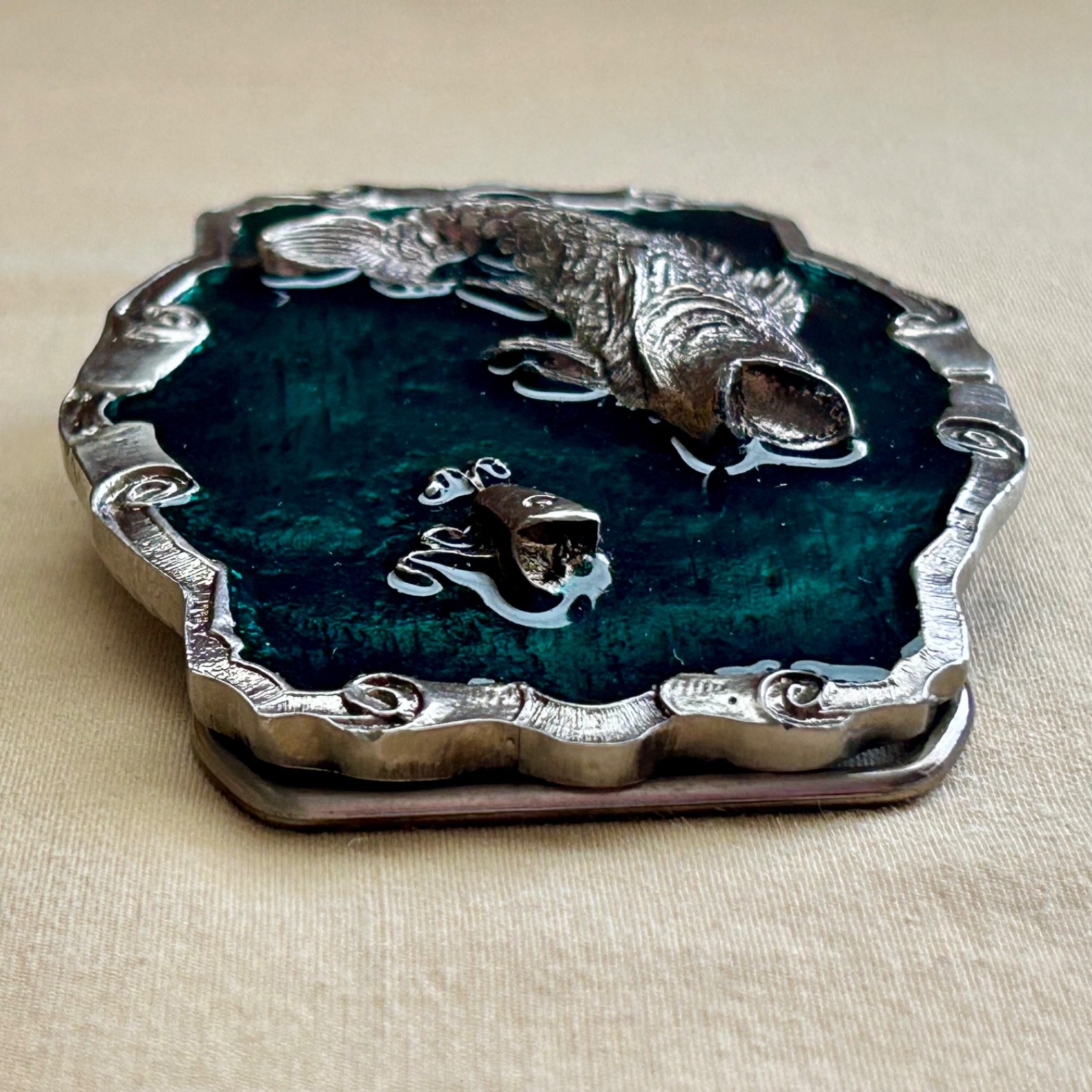 Fish Belt Buckle Green Enamel Metal Largemouth Bass and Lure 2007