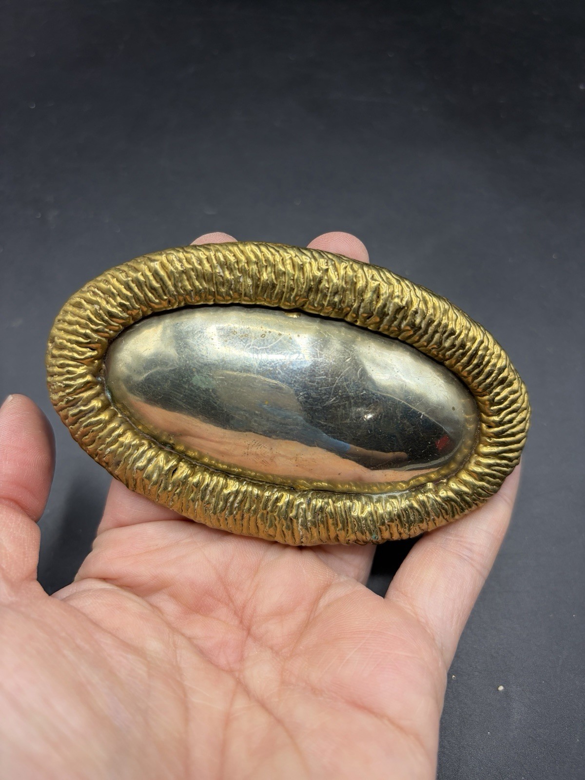 Vintage Two Tone Brass Silver Oval Belt Buckle Modernist Brutalist Western 4”L