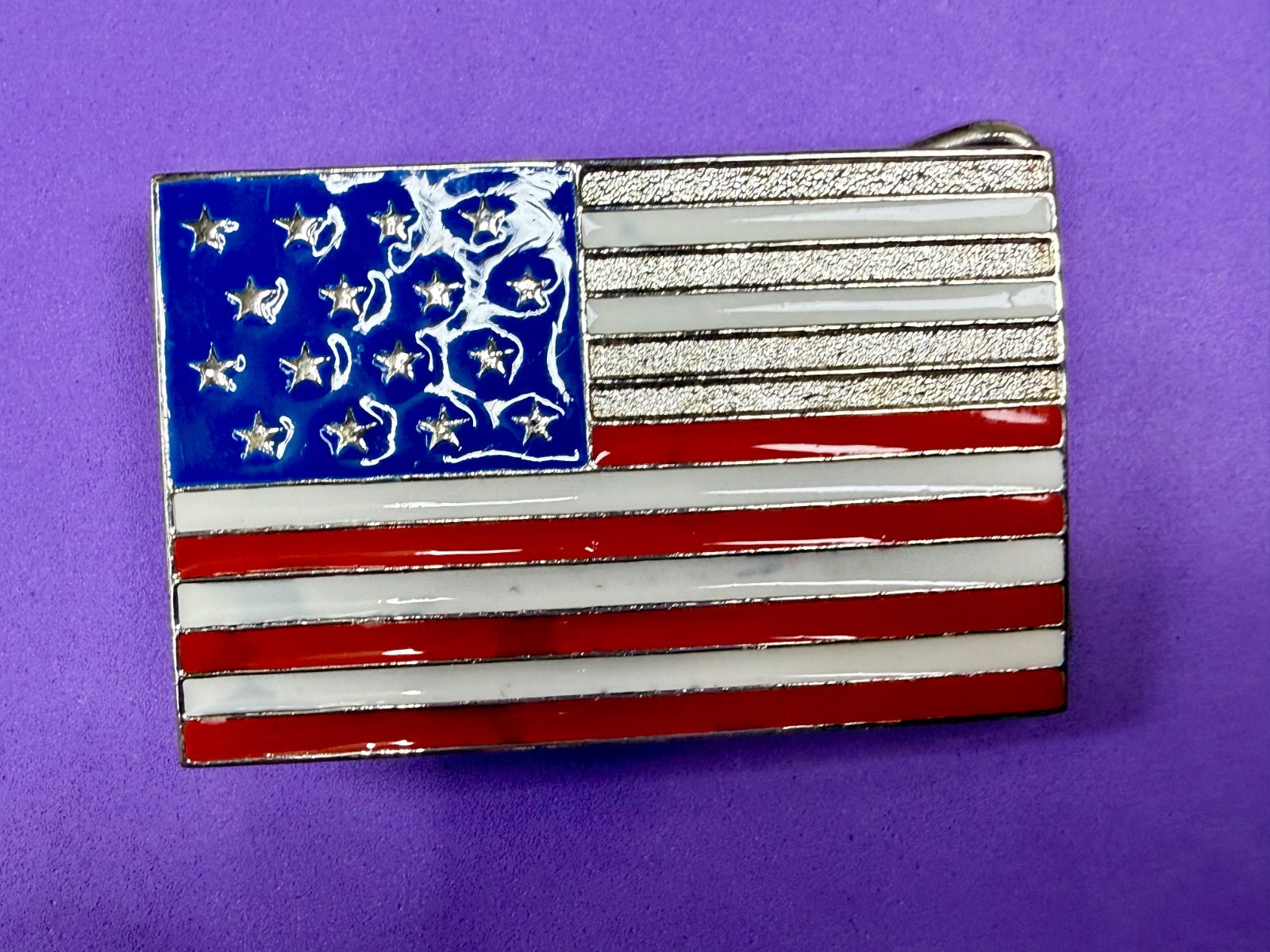 United States American Flag Stars Silver Striped Enamel Patriotic Belt Buckle