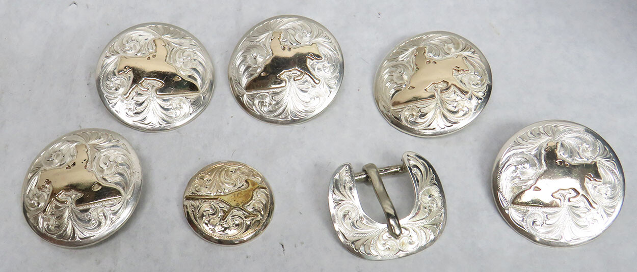 RODEO 10K GOLD ON STERLING SILVER BRONCO STUDS & BUCKLE MOUNTINGS FOR BELT