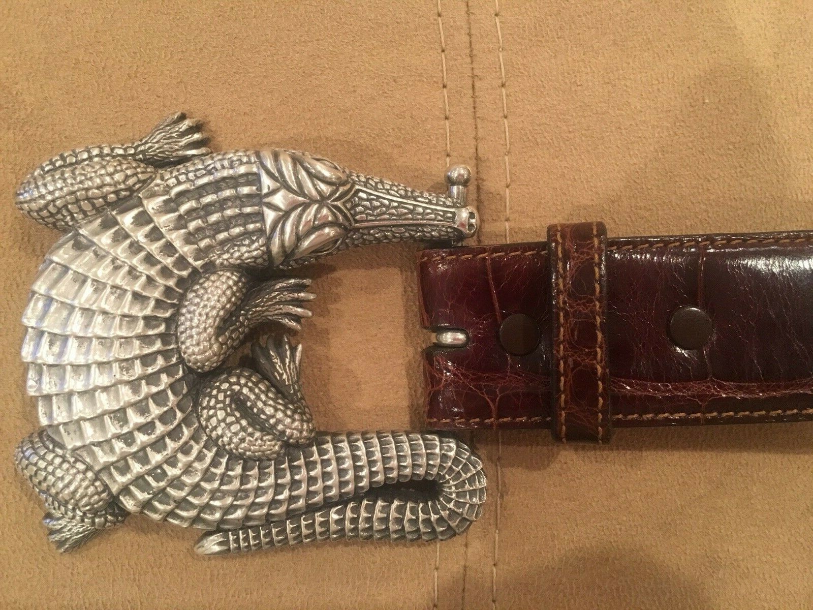 Huge Kieselstein-Cord Sterling Alligator Buckle With Brown Alligator Belt Size 2
