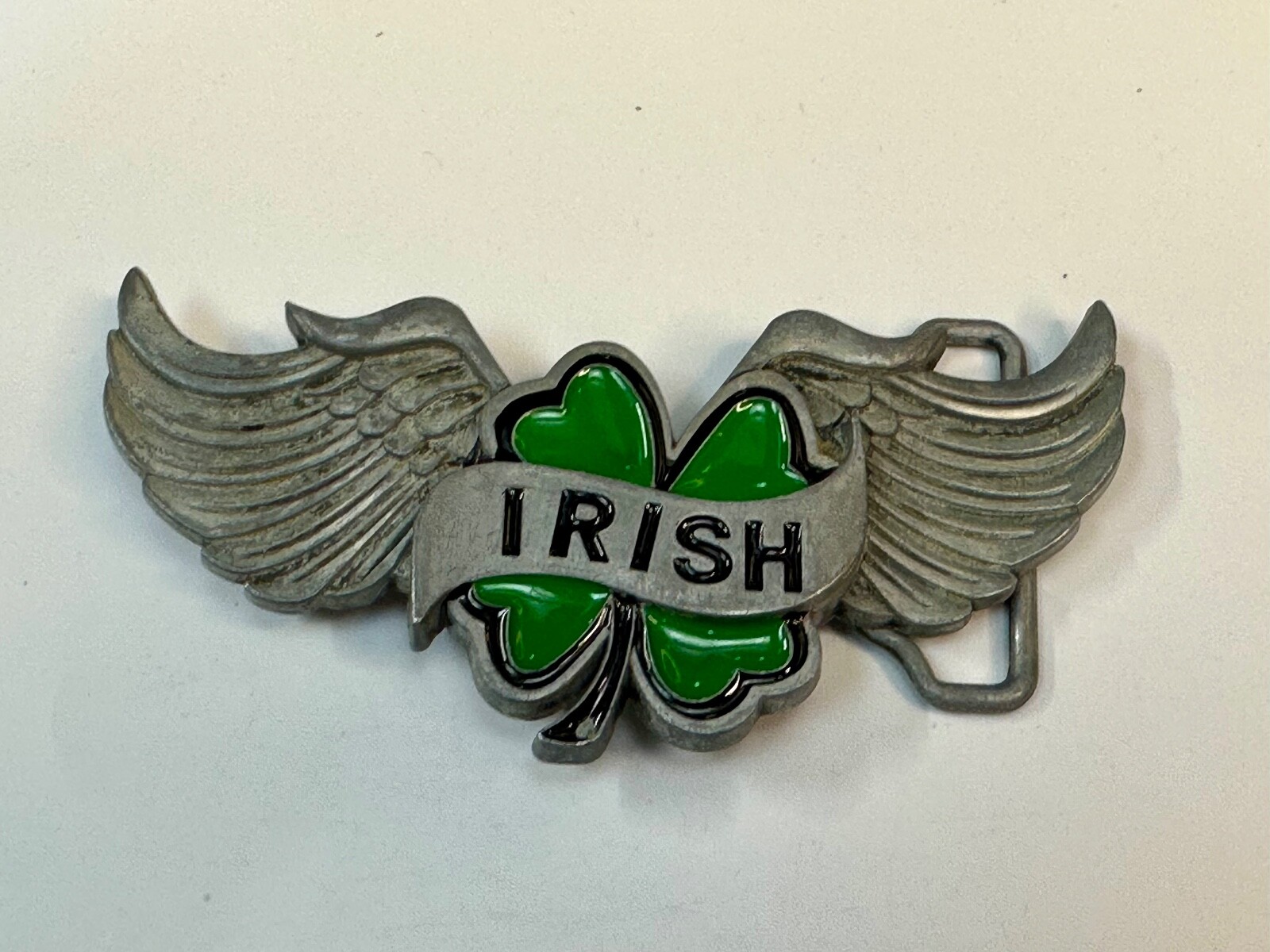 Irish Lucky Four 4 Leaf Clover W/ Wings Cutout Green & Silver Belt Buckle