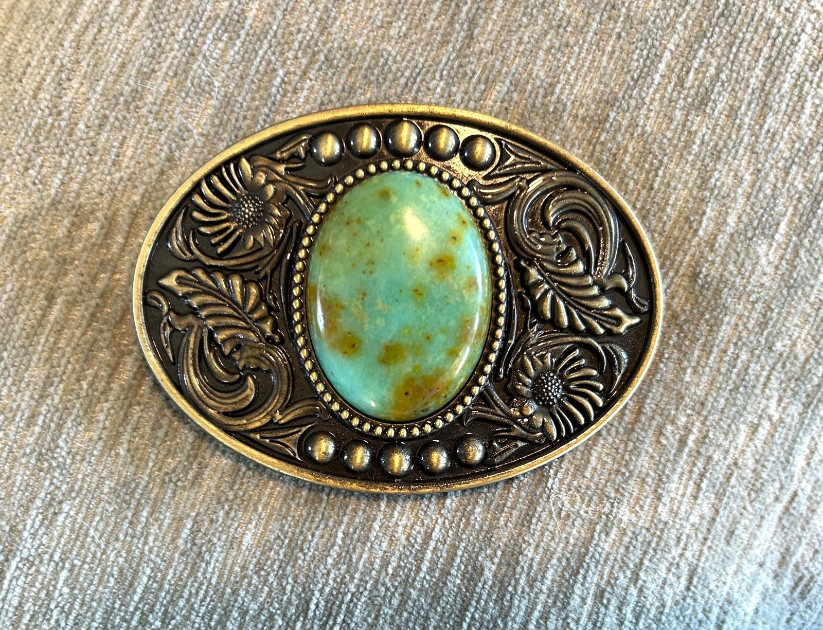 Teal Turquoise Stone Western Belt Buckle Cowboy Brass Agate Inlay 1.5in Strap
