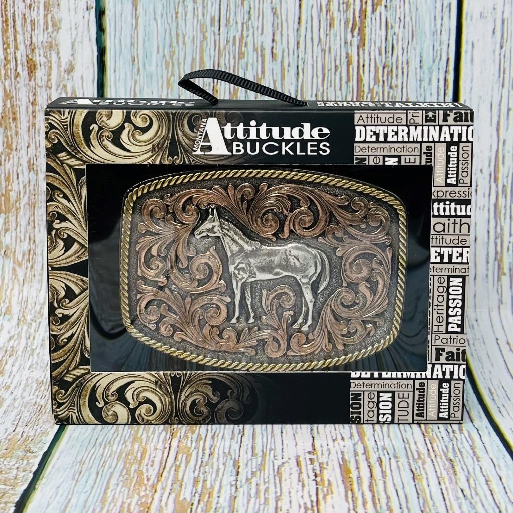 Montana Silversmiths Attitude Tri-Color Horse Rope Edge Western Belt Buckle